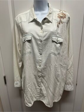 Country Living Floral Embroidered Denim Western Shirt White Pearl Snap XXL